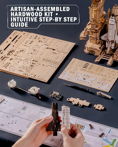 ROKR 3D Puzzles for Adults Space Shuttle, Interactive DIY Building Model with Lighting, Airplane Wooden Puzzles, Desk Decor, Engineering Gifts for Adults Men Teens 14+, STEM Project