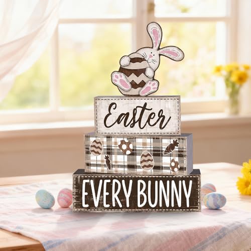 DIYDEC 4Pcs Easter Tabletop Decorations Rabbit Wooden Block Signs Bunny Tiered Tray Decor Happy Easter Centerpiece Farmhouse Wood Bunny Table Sign for Kitchen Home Office Party Decor - style: Pink Rabbit