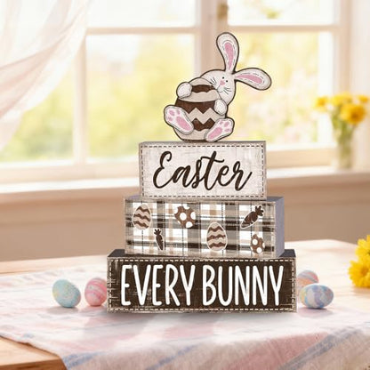DIYDEC 4Pcs Easter Tabletop Decorations Rabbit Wooden Block Signs Bunny Tiered Tray Decor Happy Easter Centerpiece Farmhouse Wood Bunny Table Sign for Kitchen Home Office Party Decor - style: Pink Rabbit