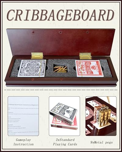 Wooden Cribbage Board Game Set with Cards & Metal Pegs – Foldable 3 Track Cribbage Board with Magnetic Lock, Large Storage Area – Travel Portable Cribbage Game for Adults & Family