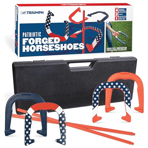 Triumph Forged and Steel Horseshoe Set Complete with 4 Horseshoes, 2 Stakes - Patriotic or Blue and Grey Colors - Perfect Addition for Parties and Outdoor Gatherings - color: Forged American Flag