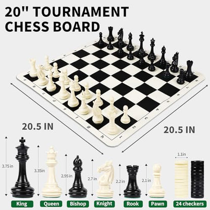 Tournament Chess Set/ 20''x20'' Foldable Silicone Chess Board / 3.75'' King Height Plastic Quadruple Weighted Classic Staunton Pieces/Storage Bag for Beginner Adult