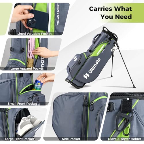 ULTIMATE Golf Stand Bag, 8-Way Golf Bag with 5 Pockets, Rain Hood, Detachable Dual Shoulder Strap, Lumbar Pad, Handles, Portable Golf Club Bag for Men & Women - color: Grey