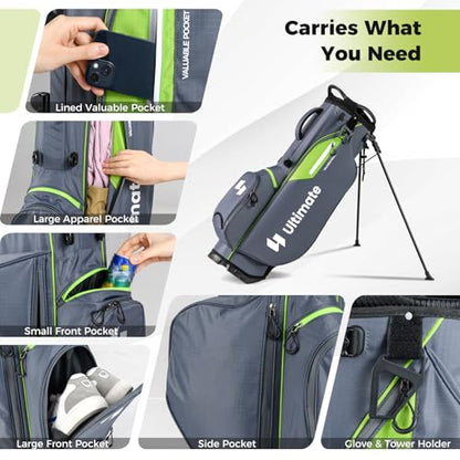 ULTIMATE Golf Stand Bag, 8-Way Golf Bag with 5 Pockets, Rain Hood, Detachable Dual Shoulder Strap, Lumbar Pad, Handles, Portable Golf Club Bag for Men & Women - color: Grey