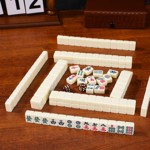 Cabilock Mini Mahjong Game Set 144 Tiles Portable Travel Mahjong Set with Dice and Blank Tiles Compact Chinese Kit for Family Parties Camping Beach Trips Tabletop Fun