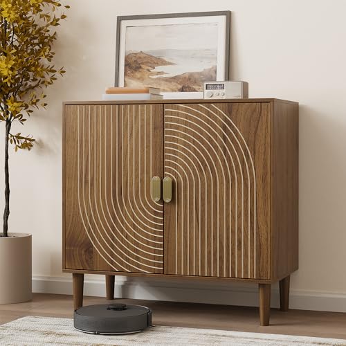 Smuxee Walnut Sideboard Cabinet, Freestanding Buffet Cabinet with Line Groove Design, Wood Storage Cabinet with Adjustable Shelf for Living Room, Entryway, Hallway - color: Walnut