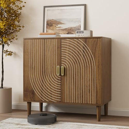 Smuxee Walnut Sideboard Cabinet, Freestanding Buffet Cabinet with Line Groove Design, Wood Storage Cabinet with Adjustable Shelf for Living Room, Entryway, Hallway - color: Walnut