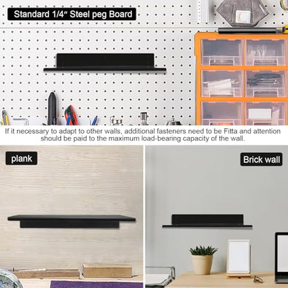 Heavy Duty Pegboard Steel Shelves,Can Be Used for Walls or Pegboards,Floating Steel Shelves for Wall,Pegboard Shelf,Suitable for Bathroom,Bedroom,Kitchen and Garage,16 x 7 inch(4 Packs Black)