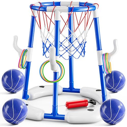 JUKUDAHU Pool Basketball Hoop, Boy Pool Toys for Kids Ages 4-8, 2-in-1 Floating Pool Ring Game with 4 Balls and Pump, Outdoor Swimming Water Play Toy, Summer Water Toys for Kids Adults Age 3-12 - color: Blue