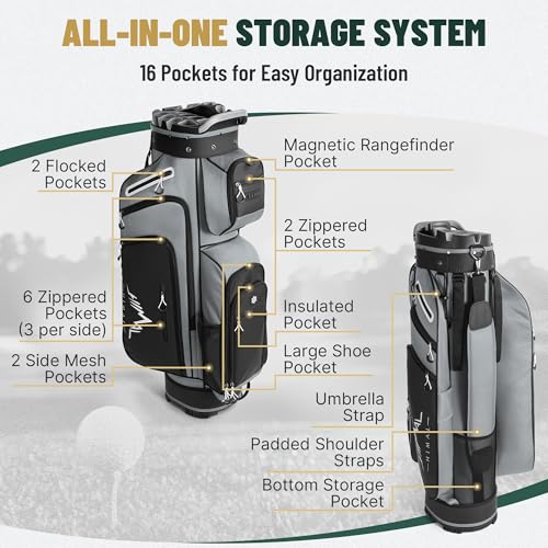 uniHimal T-Lock Golf Cart Bag with Quiet 14-Way Full-Length Divider Top | Golf Bag for Men with Magnetic Pocket, Cooler Pocket, Handle and Rain Cover - color: Grey