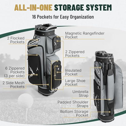 uniHimal T-Lock Golf Cart Bag with Quiet 14-Way Full-Length Divider Top | Golf Bag for Men with Magnetic Pocket, Cooler Pocket, Handle and Rain Cover - color: Grey