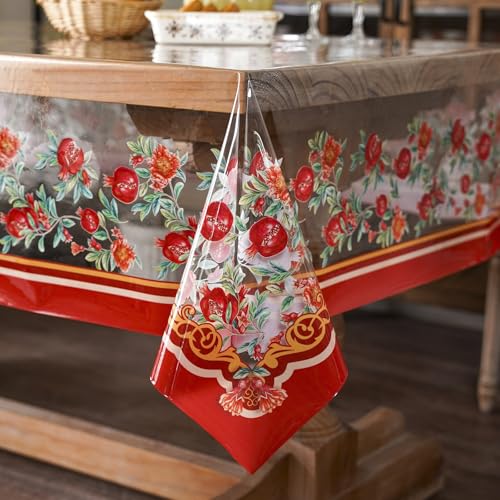 ARTABLE Clear Table Cloth Protector Vinyl PVC Rectangle with Floral Print Pattern Oil Proof Wipe-able Plastic Tablecloths for Dining Tables Parties Holidays (Pomegranate, 104" x 60" (Rectangular)) - color: Pomegranate, size: 104" x 60" (Rectangular)