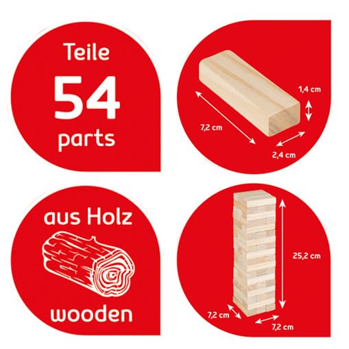 Idena 40087-Wackelturm Wood, Skill Game with 54 Bricks and Storage Bag, Large Stacking Tower Approx. 8 x 8 x 26 cm, 40087