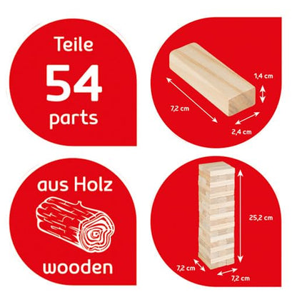 Idena 40087-Wackelturm Wood, Skill Game with 54 Bricks and Storage Bag, Large Stacking Tower Approx. 8 x 8 x 26 cm, 40087