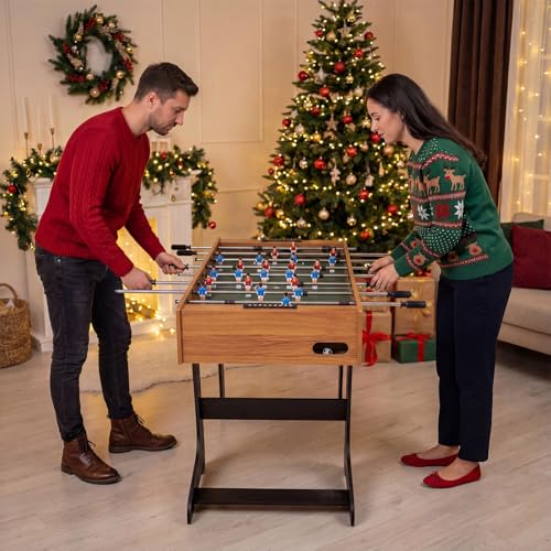 Goplus Folding Foosball Table, 48'' Full Competition Size Soccer Table for Adults Family Night, Game Room, Party - color: Natural