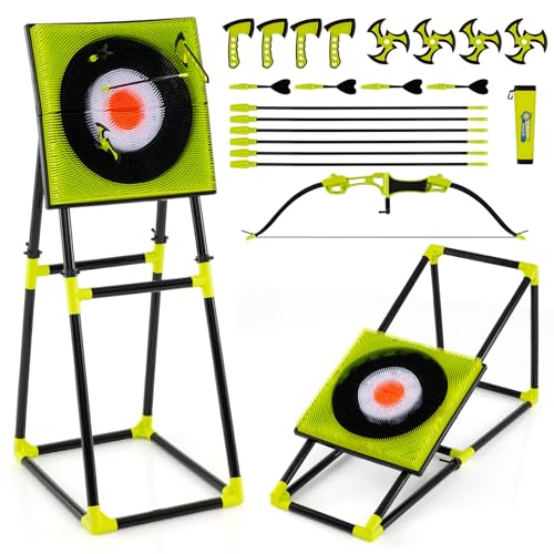 HONEY JOY Axe Throwing Bristle Target, 4-in-1 Plastic Throwing Axes Game Set w/ 12 Darts, 6 Arrows, Box & Bow, for Adults, Kids, Family Carnival Backyard Toy for Indoor Outdoor - color: Green, size: 21" Target