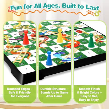 Magnetic Snakes and Ladders Board Game for Kids and Adults - 9" Compact Portable Travel Games with Pieces and Dice, Classic Foldable Family Game Set for 2-4 Players Ages 3 and Up