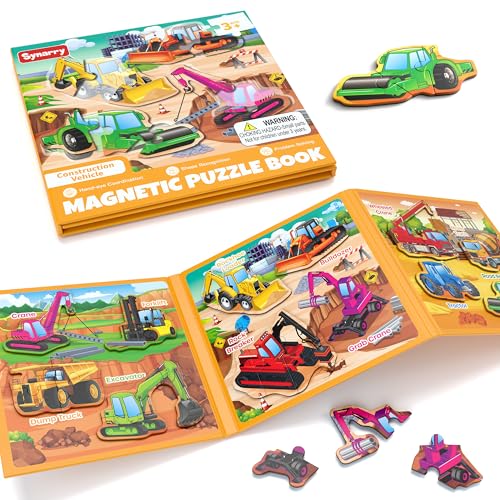 SYNARRY Magnetic Puzzles for Toddlers 3-5, Toddler Travel Toys Construction Toys Excavator Puzzles for Kids Age 3-5, Vehicle Puzzles for Kids Ages 4-6, Car Airplane Road Trip Activities Easter Gifts