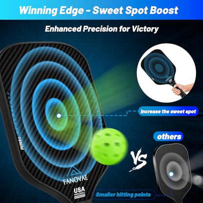 Carbon Fiber Pickleball Paddle, 3K Raw Carbon Fiber Surface, CAS, High Grit & Spin, 16MM PP Honeycomb Core, Ideal for Novice and Pro, Includes Paddle Cover&Eraser, Fanovae POWERMAX 3D