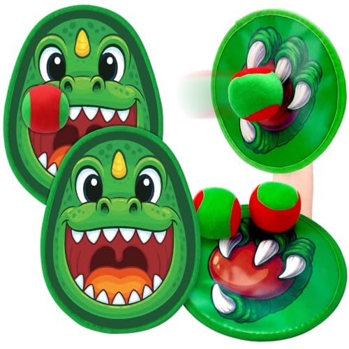 Big Dinosaur Toss and Catch Ball Set Include 4 Rackets and 4 Balls Beach Game Outdoor Ball Sports Games Toss and Catch Balls for Kids and Toddlers