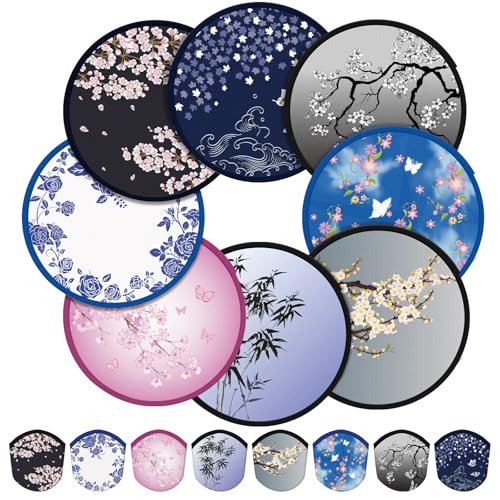 Gejoy 24 Pieces Chinese Style Flowers Foldable Flying Disc Fans Handheld Compact Cooling Multi Role Round Fans for Outdoor Games for Women Man Party Favors Decorations Portable, 8 Style - color: Chinese Style Flowers