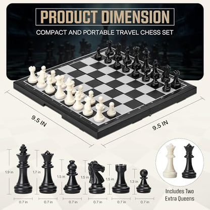 Magnetic Chess Set, 9.5” Foldable Board with Storage, Staunton Pieces, 2 Extra Queens, Travel Chess Game for Kids and Adults