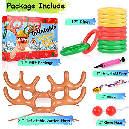 Christmas Games for Family Party, 4 Pack Inflatable Reindeer Antler Ring Toss Game Great Christmas Games for Adults and Kids