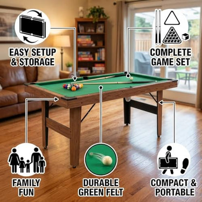 55" Portable Folding Billiards Pool Table Billiard Table Table, Family Pool Set with Cues Balls Rack and Chalk, Compact Green Felt Table for Indoor Outdoor Use with Easy Setup ch