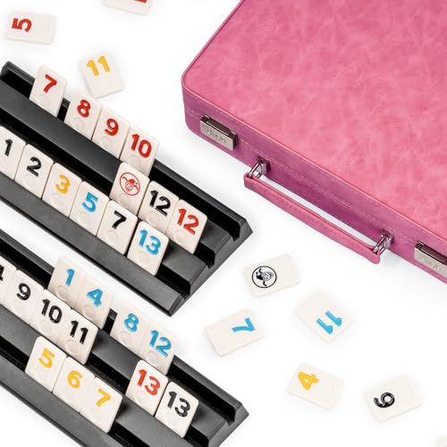 Rummy Game Set, 2-4 Players with 106 Rummy Tiles and 4 Racks, Rummy Travel Game Set with Faux Leather Case, Fun Family Classic Board Games (Pink) - color: Pink