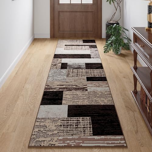 FlyDOIT Modern Geometric Patchwork Area Rug, 2x6 Chocolate Runner Rugs for Living Room, Rockwood Collection Indoor Rugs for Bedroom, Throw Carpet Floor Decor for Entryway Dining Room Office Nursery - color: Chocolate, size: 2' x 6' (Rectangular)