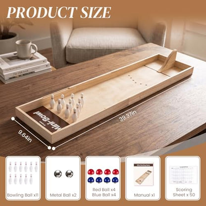 Extguds Wooden Mini Bowling Game Set 2-in-1 with Tabletop Bowling& Curling – Includes Reset Aid Board Tool & Anti-Splash Guard – Handcrafted Wooden Desktop Game for Family Office Party Fun