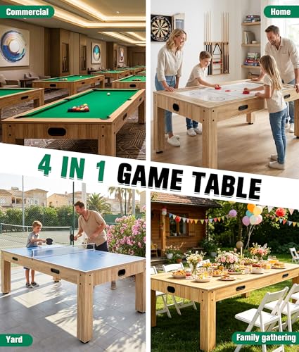 7FT 4-in-1 Multi Game Table, Combo Game Table with Billiards, Air Hockey, Ping Pong & Dining Table, Wood Game Room Table with All Accessories for Home, Family, Adults & Kids