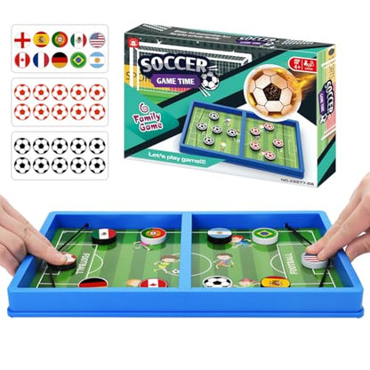 Sling Puck Game – Fast Slingshot Board Game with Soccer Theme Panel – Includes 10 Country Stickers + Soccer Ball Stickers for Pucks – 2 Player Tabletop Hockey Family Night – Kids Games Ages 3+