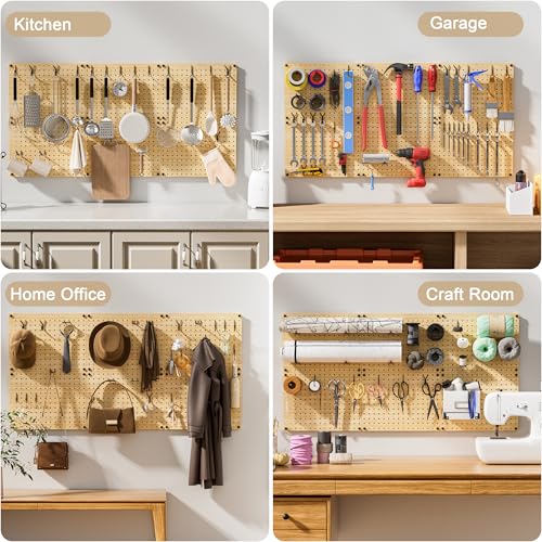 VOIMO Bamboo Peg Board, Eco-Friendly Pegboard Organizer Set with 35 Hooks – Wall Mounted Storage Rack for Kitchen, Tools, Crafts, Garage & Office – Pegboards System for Home Organization - size: 16'' X 12'' (4 Panels)