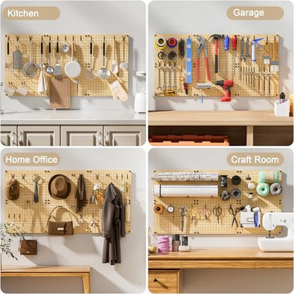 VOIMO Bamboo Peg Board, Eco-Friendly Pegboard Organizer Set with 35 Hooks – Wall Mounted Storage Rack for Kitchen, Tools, Crafts, Garage & Office – Pegboards System for Home Organization - size: 16'' X 12'' (4 Panels)