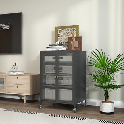 Media Cabinet with Glass Door Metal Stereo Cabinets with Adjustable Shelves 4 Tier DVD AV Storage Audio Video Rack Record Play Stand Display Cabinets for Living Room, Gaming, Recording Room – Black