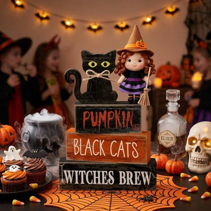 Lineshading 4 Pcs Halloween Table Decoration Black Cat Wooden Stacked Block, "Pumpkin Black Cats Witches Brew" Signs Spooky Halloween Tiered Tray Decor Rustic Gothic Centerpiece for Home Coffee Bar - style: Black Cat