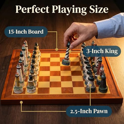 Lighthouse Themed Collectible Chess Set with Wooden Storage Board, Complete 32 Piece Hand Painted Resin Lighthouse Chess Pieces, Nautical Coastal Decor Chess Board Game Set for Adults Gift