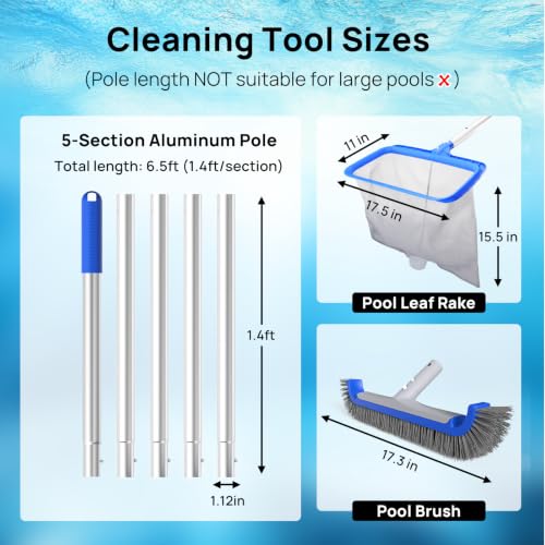 Consciot 3-in-1 Pool Cleaning Kit Includes Leaf Rake Net, Wall Brush & Pole | Daily swimming pool maintenance set; For aboveground & in-ground Pool, SPA, pond, fountain; Easy to store; Durable frame - size: 3PCS