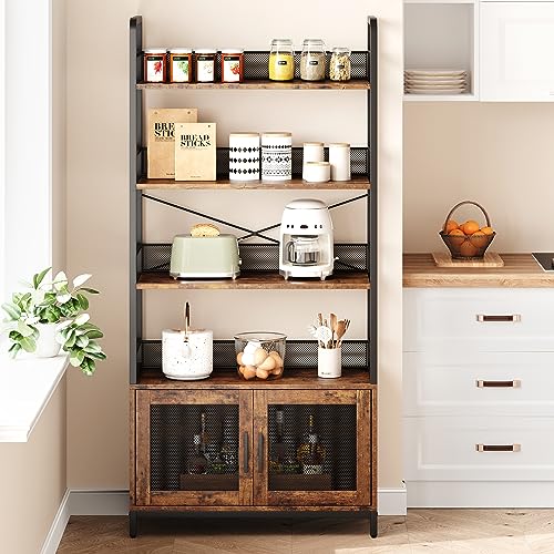 GarveeHome Bookshelf with Doors Industrial Bookcase with 4 Tiers Open Storage Shelf 70.87 in Tall Bookshelves Rustic Display Rack Cabinet for Bedroom, Living Room, Home Office, Brown
