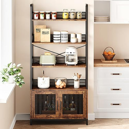 GarveeHome Bookshelf with Doors Industrial Bookcase with 4 Tiers Open Storage Shelf 70.87 in Tall Bookshelves Rustic Display Rack Cabinet for Bedroom, Living Room, Home Office, Brown