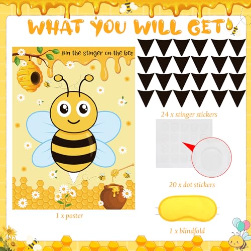 Faccito Bee Party Decorations Pin The Stinger on The Bee Games Honeycomb Poster with 24 Stickers Blindfold Pin Games Set for Honeybee Birthday Party Decorations Indoor Outdoor Activities Supplies - style: Bee
