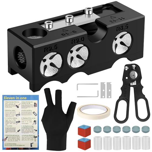 23Pcs Pool Cue Tips Replacement Kit, 11-in-1 Billiards Pool Cue Tip Shaper, 2 Chalk Cubes 6 Ferrules 6 Cue Tips 2 Blades 2 Wrenches 1 Scissors 1 Tape 1 Glove 1 Instruction Manual for Billiard