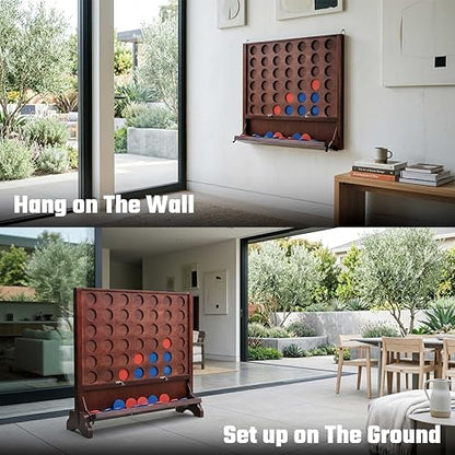 Giant Wooden 4 in A Row Game with Foldable Tray, Indoor Outdoor Games, Includes Carry Case,42 Chips and 2 Detachable Legs, 2 Style: Wall-Mount or Ground Play