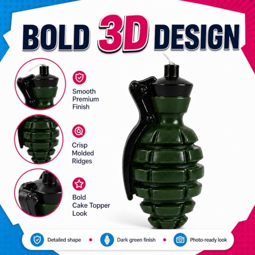 3D Grenade Birthday Candles Set of 3 with Gift Box – Gaming Cake Topper for Battle, Level Up, Army & Video Game Themed Birthday Party Decorations for Boys, Teens & Gamers