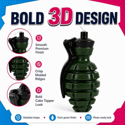 3D Grenade Birthday Candles Set of 3 with Gift Box – Gaming Cake Topper for Battle, Level Up, Army & Video Game Themed Birthday Party Decorations for Boys, Teens & Gamers