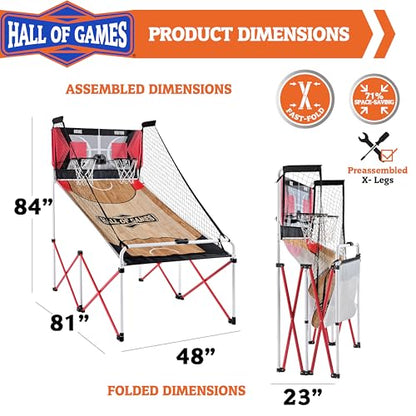 Hall of Games EZ Fold Premium Indoor Arcade Basketball Game with Steel Frame and Polycarbonate Backboard, Dual Shot Electronic Scoring with 6 Size 3 Balls Included, Perfect for Basement Game Rooms - style: FAST-Fold (Easy to assemble)