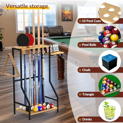 YBING Pool Stick Holder - Pool Cue Stand Hold up to 10 Cues Sticks Billiard Pool Cue Holder Cue Stick Rack Pool Table Accessories for Game Room Billiard Clubs, Natural Bamboo - color: Natural Bamboo