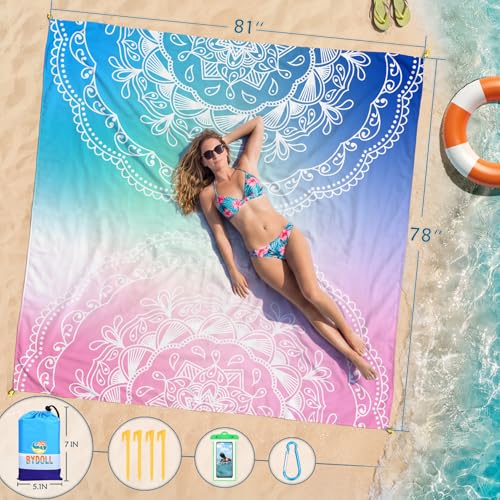 BYDOLL Beach Blanket Waterproof Sandproof Large Sand Free,78''X81''/10'X9' Oversized Sandless Lightweight Blanket Picnic Mat for Beach Travel Camping Hiking with Stakes - color: Half Mandala, size: 78"X81"