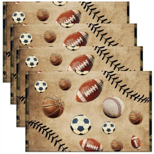 Erosebridal Set of 4 Balls Placemats 12X18 Inch,Retro Sports Theme Place Mats for Boys Youth Teens Children,Football Basketball Baseball Game Gaming Leaves Waterproof Placemats for Kitchen Table - color: Black White Brown